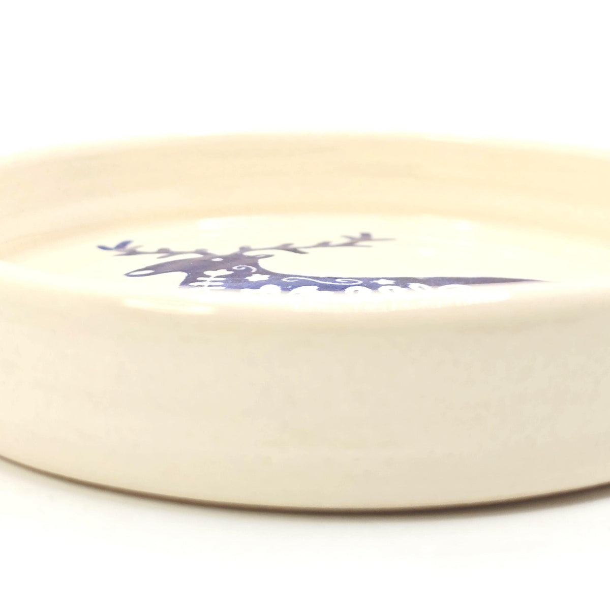 Handmade Ceramic Reindeer Folk Design Trinket Dish, Blue & Cream Glaze, Stoneware Pottery