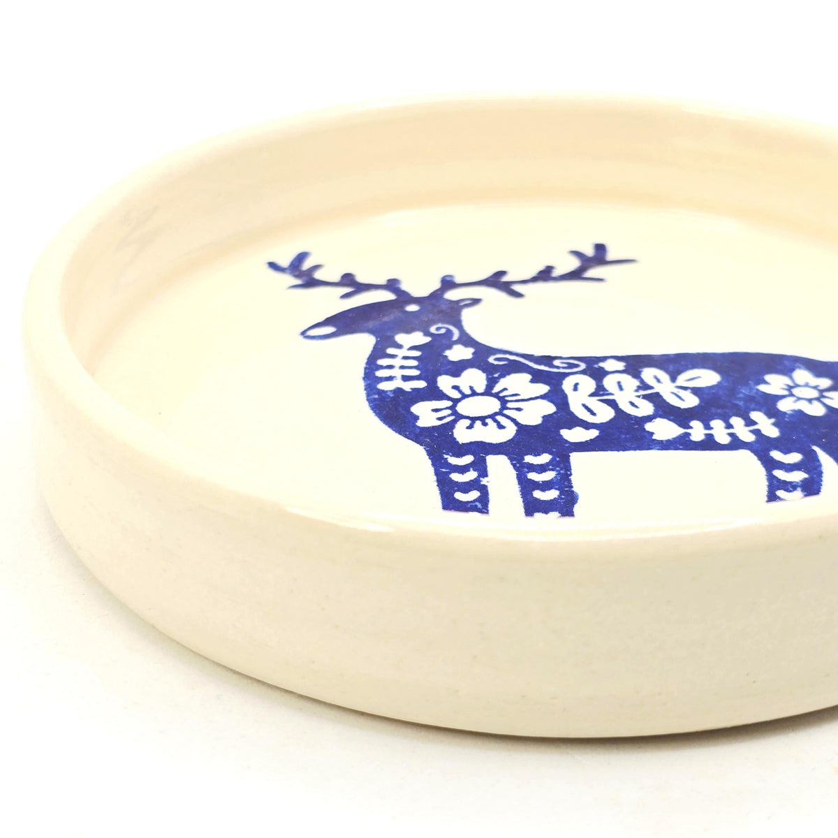 Handmade Ceramic Reindeer Folk Design Trinket Dish, Blue & Cream Glaze, Stoneware Pottery