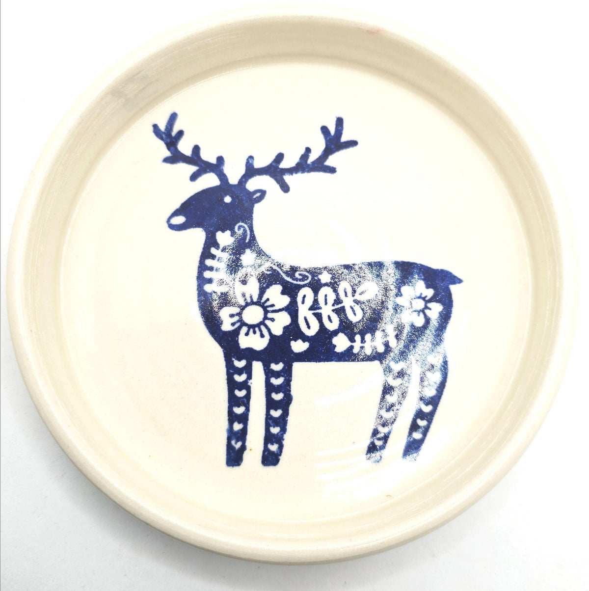 Handmade Ceramic Reindeer Folk Design Trinket Dish, Blue & Cream Glaze, Stoneware Pottery