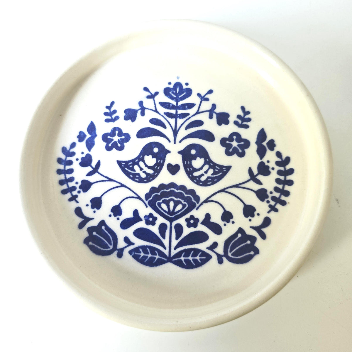 Handmade Ceramic Folk Design Trinket Dish, Blue & Cream Glaze, Stoneware Pottery