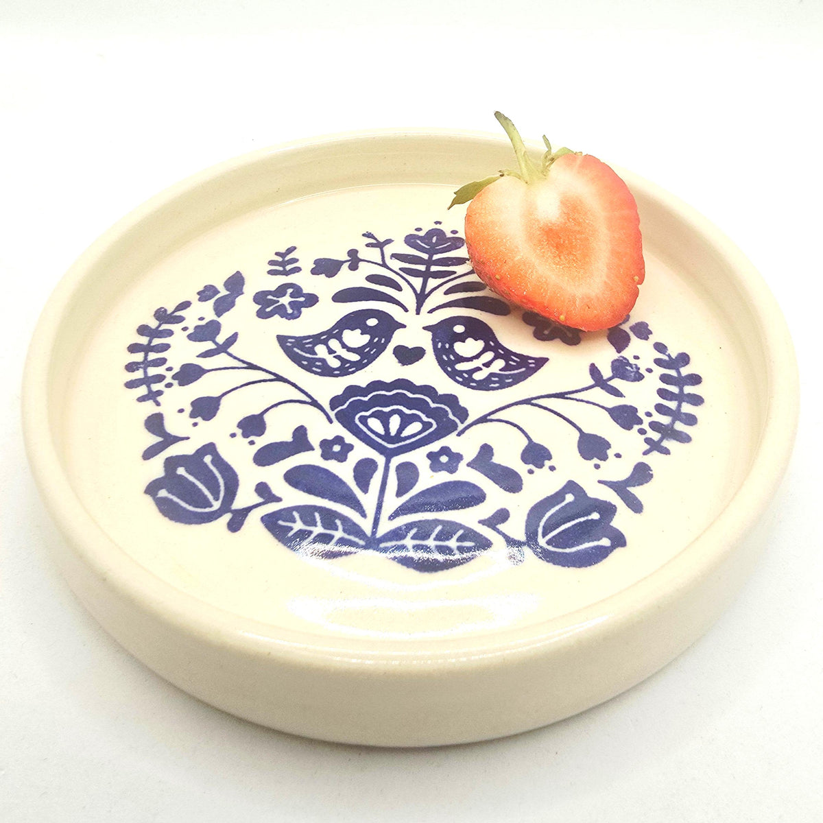 Handmade Ceramic Folk Design Trinket Dish, Blue & Cream Glaze, Stoneware Pottery