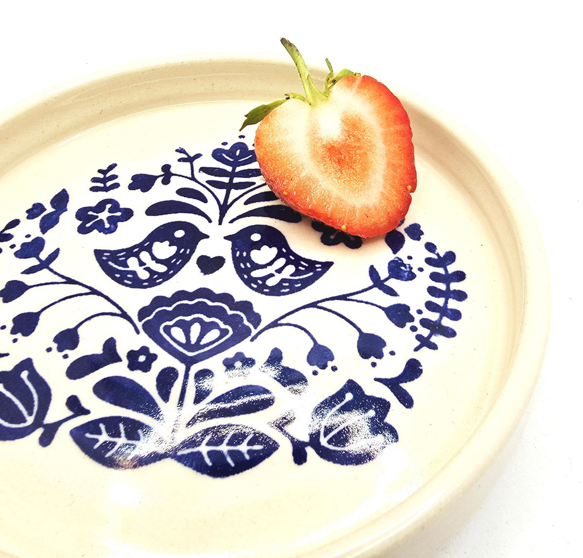 Handmade Ceramic Folk Design Trinket Dish, Blue & Cream Glaze, Stoneware Pottery
