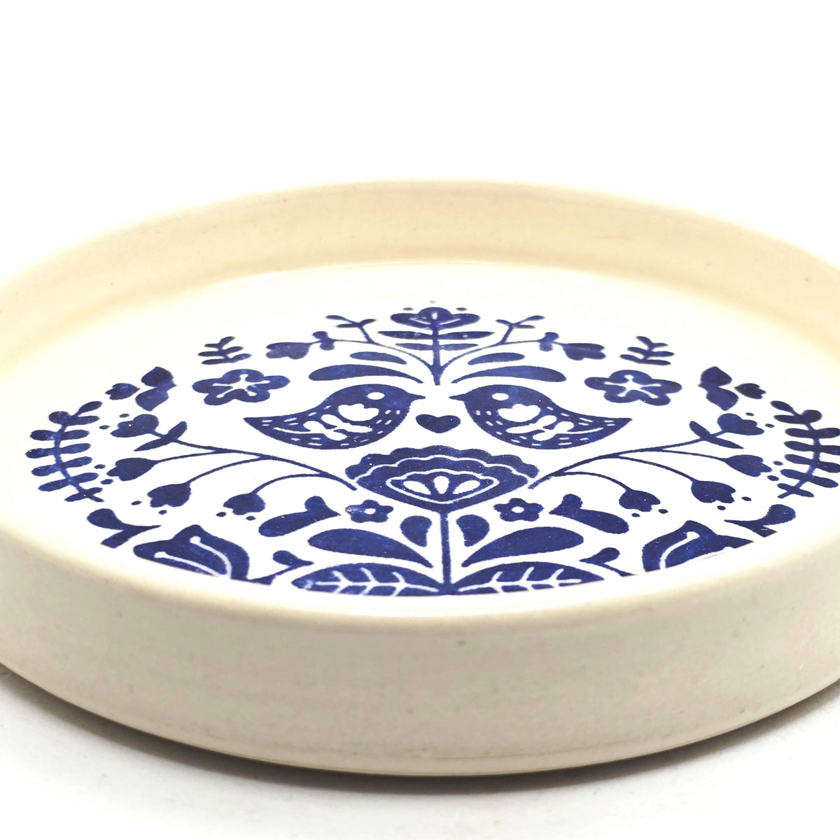 Handmade Ceramic Folk Design Trinket Dish, Blue & Cream Glaze, Stoneware Pottery
