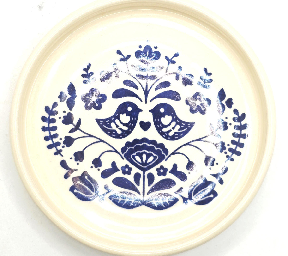 Handmade Ceramic Folk Design Trinket Dish, Blue & Cream Glaze, Stoneware Pottery