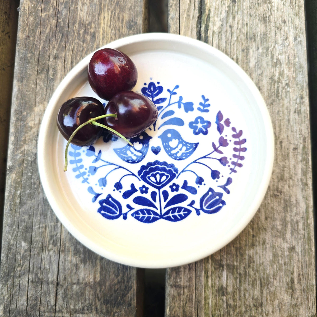 Handmade Ceramic Folk Design Trinket Dish, Blue & Cream Glaze, Stoneware Pottery