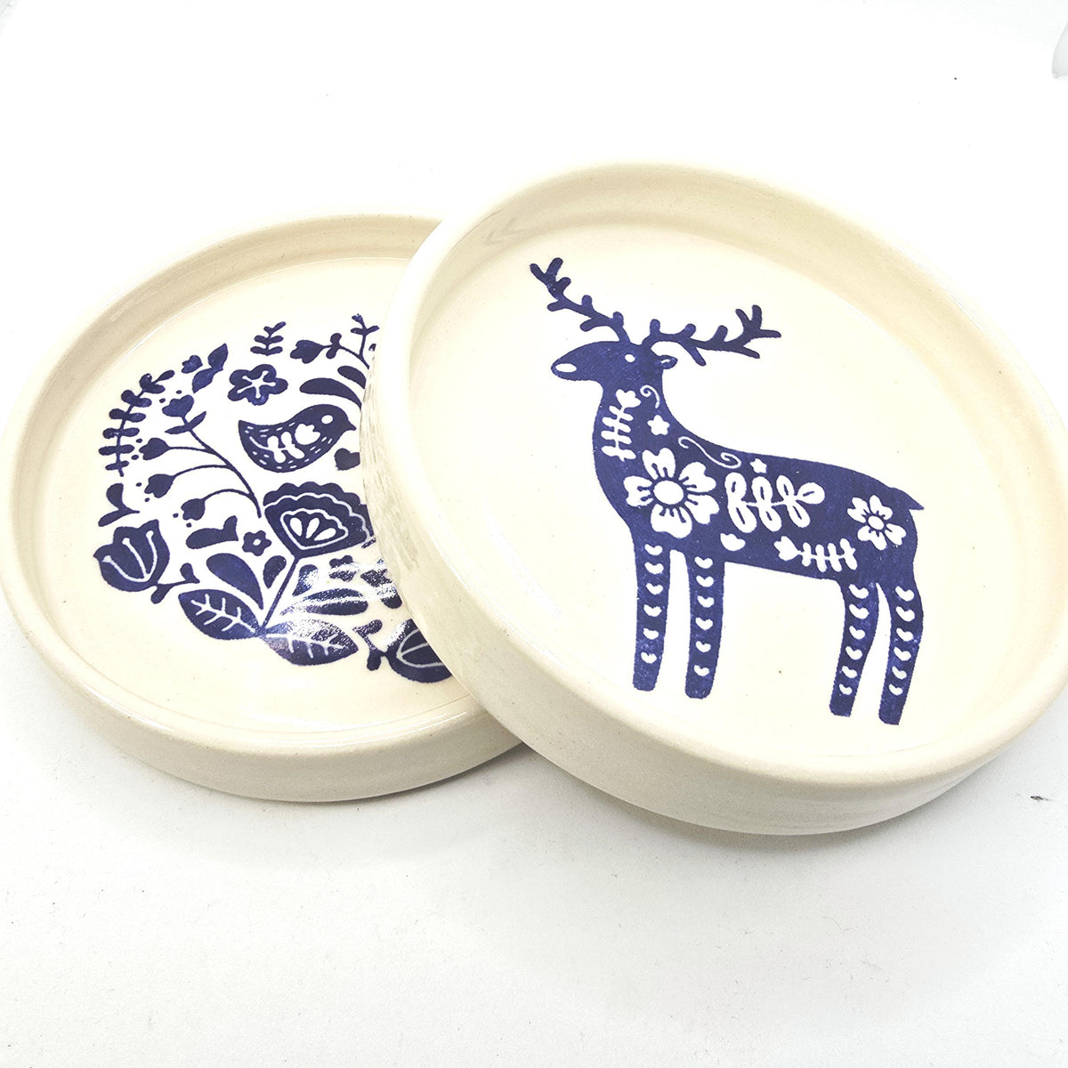 Handmade Ceramic Reindeer Folk Design Trinket Dish, Blue & Cream Glaze, Stoneware Pottery