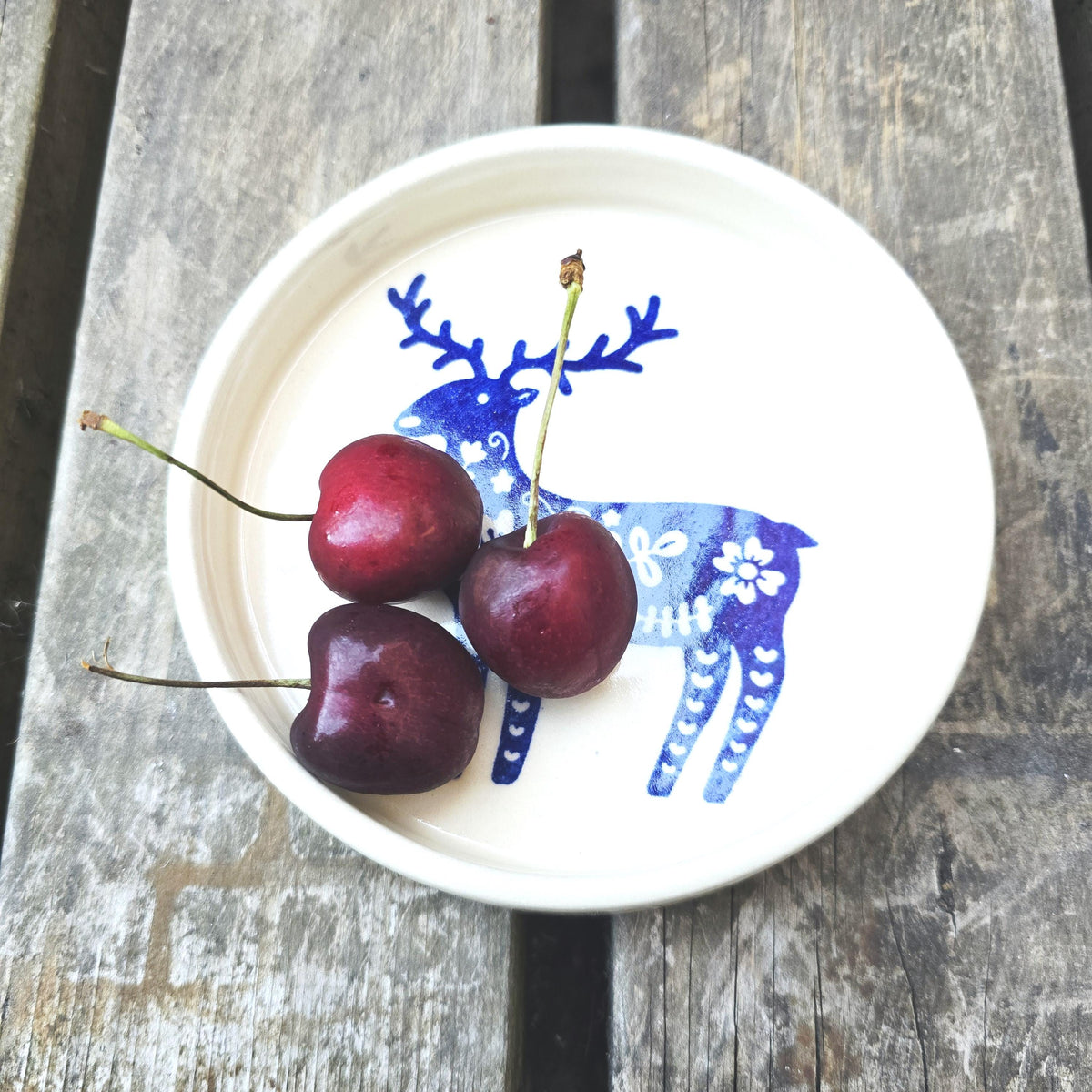 Handmade Ceramic Reindeer Folk Design Trinket Dish, Blue & Cream Glaze, Stoneware Pottery