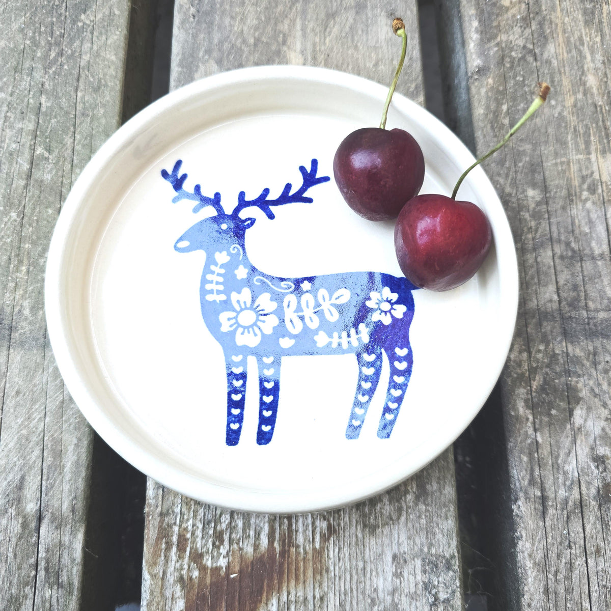 Handmade Ceramic Reindeer Folk Design Trinket Dish, Blue & Cream Glaze, Stoneware Pottery