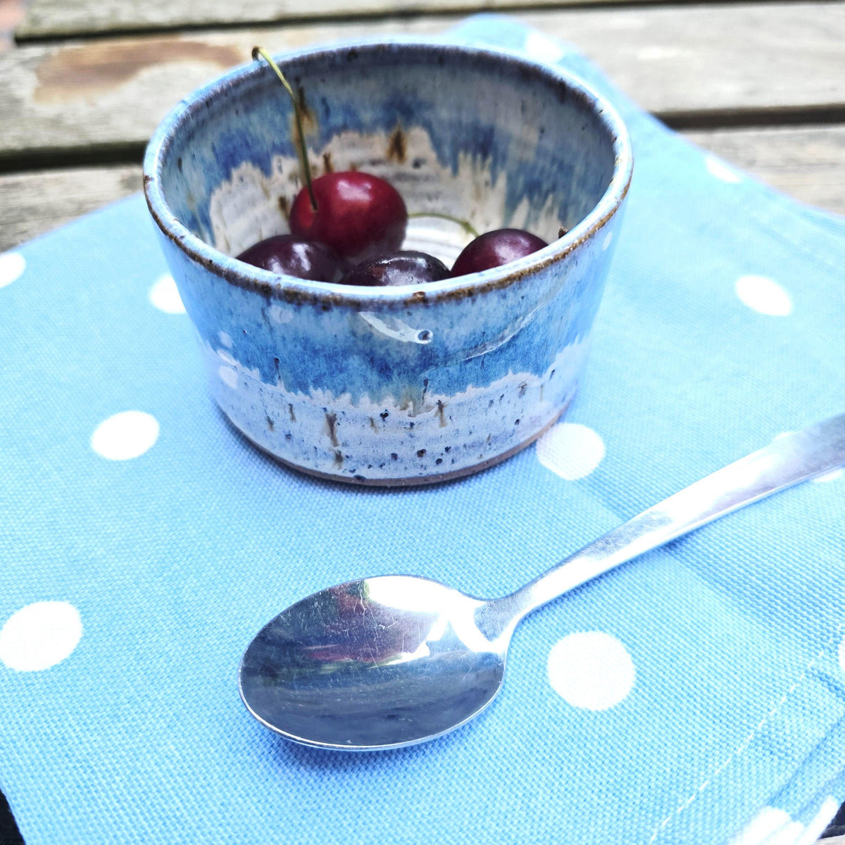 Handmade Ceramic Ramekin Dish Speckled Cream & Blue Glaze, Toasty Stoneware Pottery (5cm)