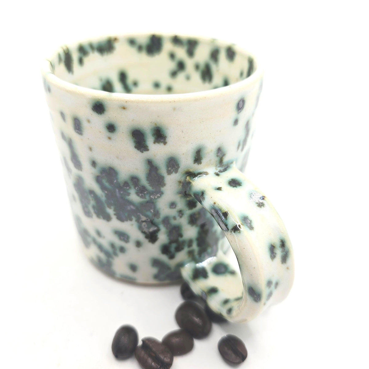 Handmade Ceramic 6oz Flat White / Cortado Coffee Mug. Cream & Green Speckled Glaze, Stoneware Pottery