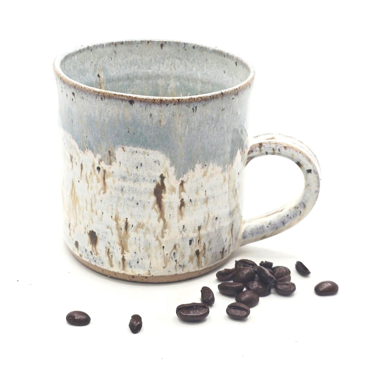 Handmade Ceramic 12oz Coffee Mug, Speckled Cream & Sage Green Glaze, Toasty Stoneware Pottery