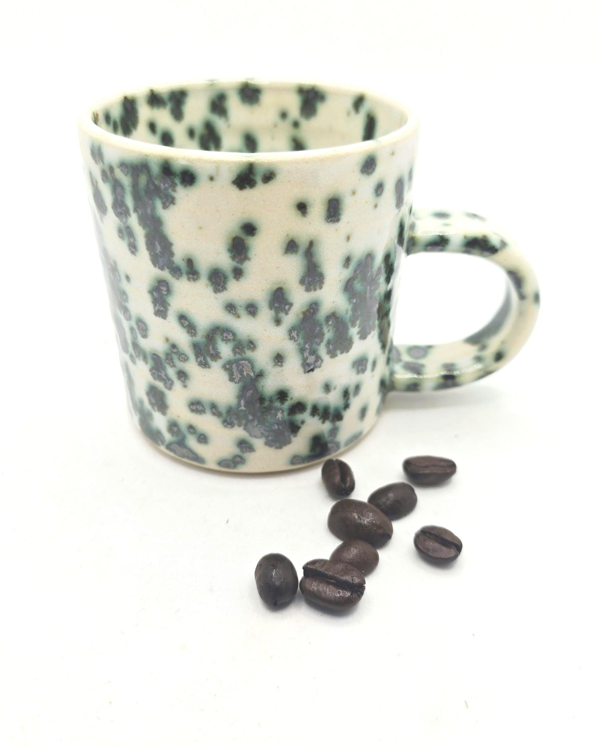 Handmade Ceramic 6oz Flat White / Cortado Coffee Mug. Cream & Green Speckled Glaze, Stoneware Pottery
