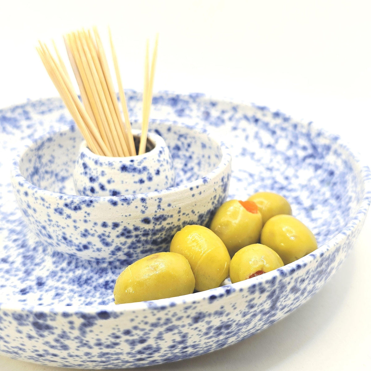 Handmade Ceramic Large Olive Dish / Bowl - Splatter Blue & Cream Glaze. Stoneware Pottery