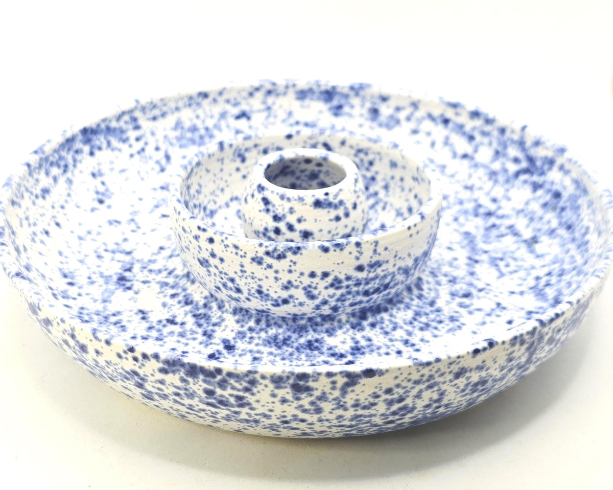 Handmade Ceramic Large Olive Dish / Bowl - Splatter Blue & Cream Glaze. Stoneware Pottery