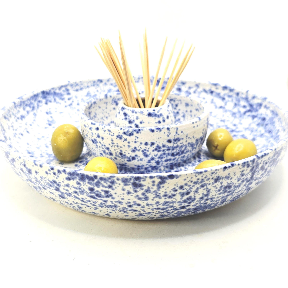 Handmade Ceramic Large Olive Dish / Bowl - Splatter Blue & Cream Glaze. Stoneware Pottery