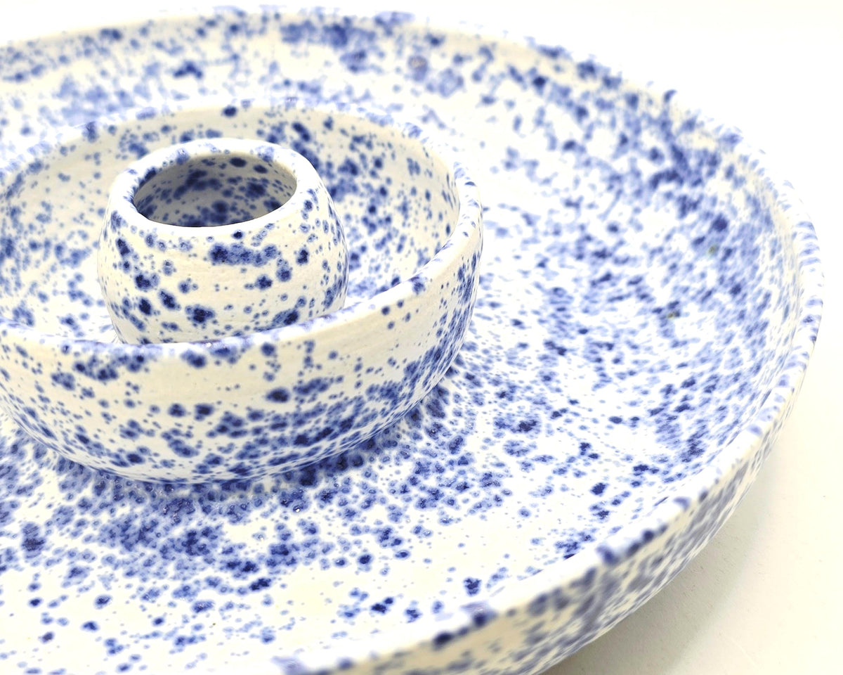 Handmade Ceramic Large Olive Dish / Bowl - Splatter Blue & Cream Glaze. Stoneware Pottery