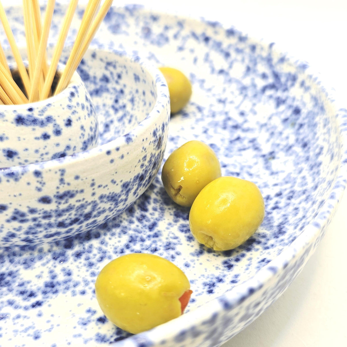 Handmade Ceramic Large Olive Dish / Bowl - Splatter Blue & Cream Glaze. Stoneware Pottery