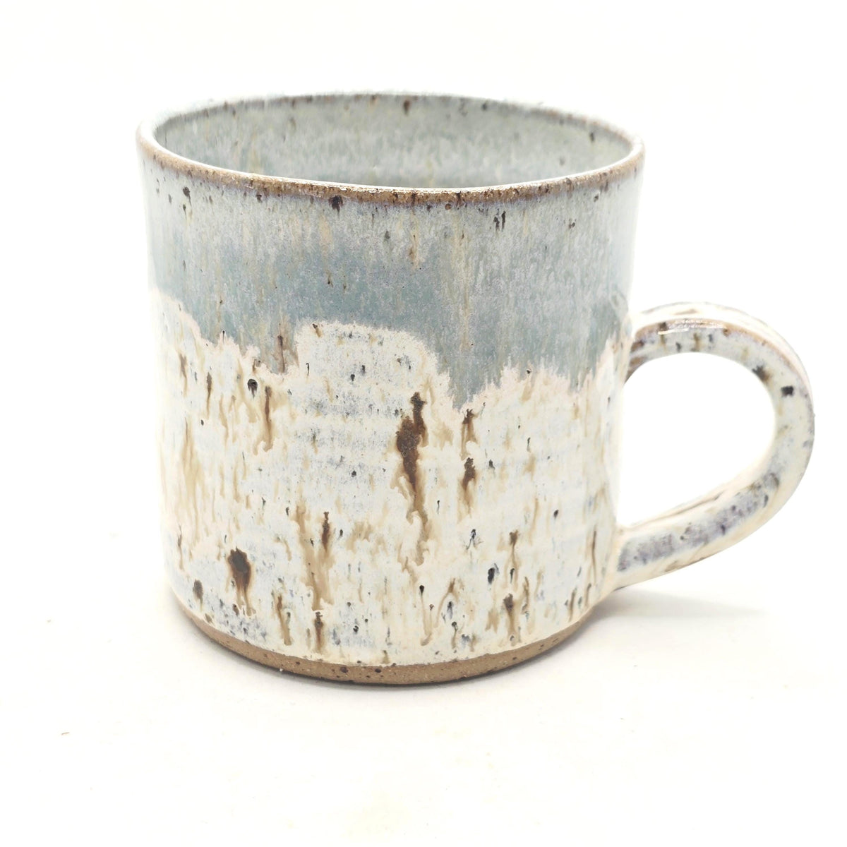 Handmade Ceramic 12oz Coffee Mug, Speckled Cream & Sage Green Glaze, Toasty Stoneware Pottery