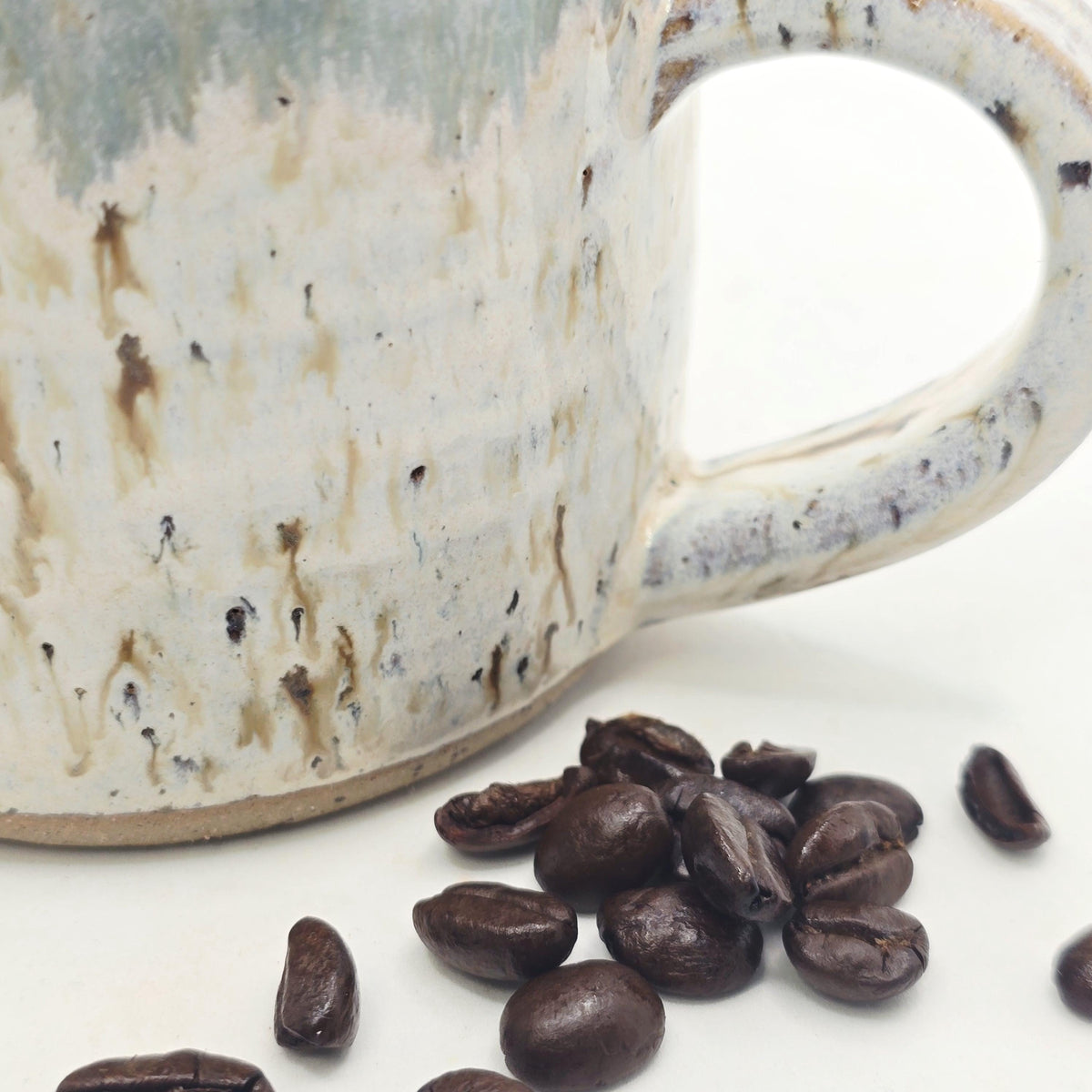 Handmade Ceramic 12oz Coffee Mug, Speckled Cream & Sage Green Glaze, Toasty Stoneware Pottery