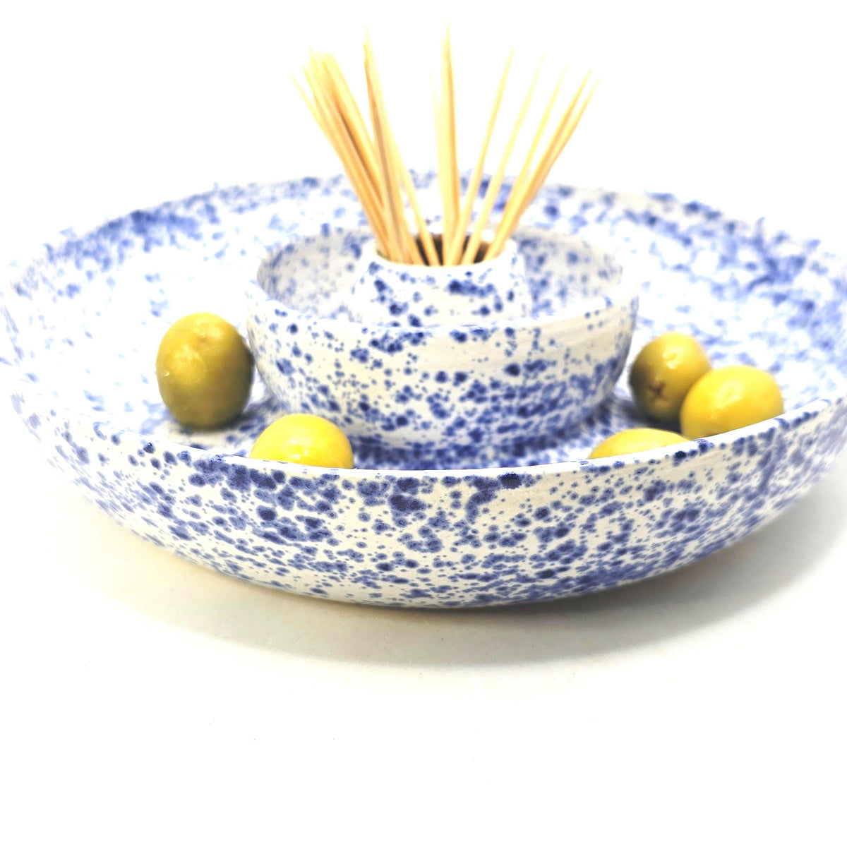 Handmade Ceramic Large Olive Dish / Bowl - Splatter Blue & Cream Glaze. Stoneware Pottery