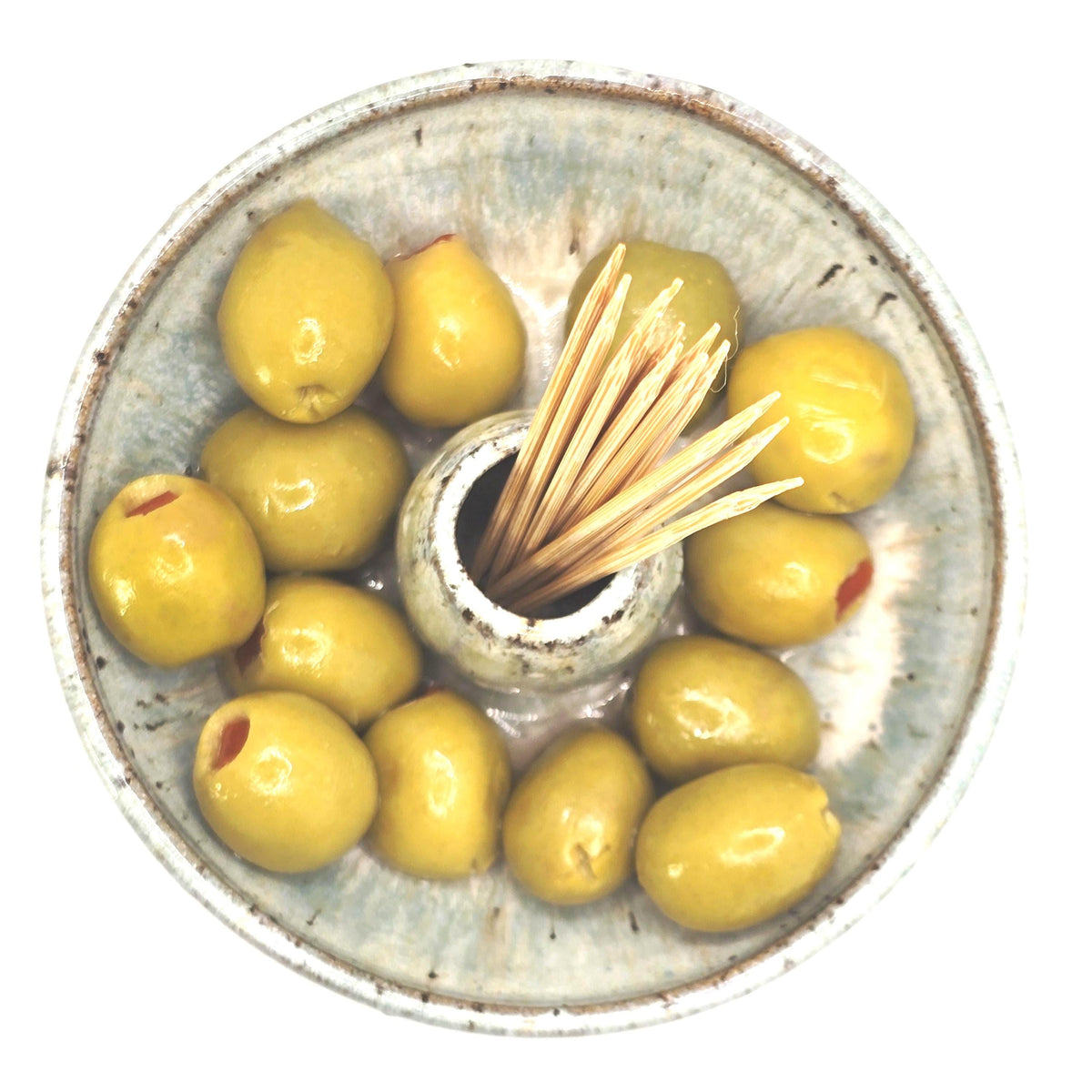 Handmade Stoneware Single Serving Olive Dish / Bowl, Speckled Cream & Sage Green Glaze, Toasty Stoneware.