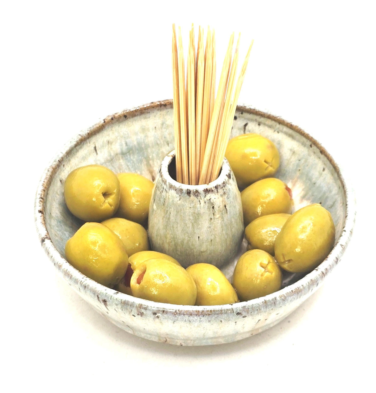 Handmade Stoneware Single Serving Olive Dish / Bowl, Speckled Cream & Sage Green Glaze, Toasty Stoneware.