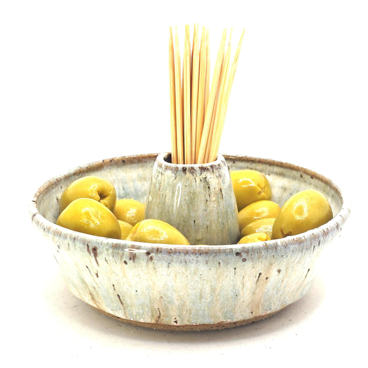 Handmade Stoneware Single Serving Olive Dish / Bowl, Speckled Cream & Sage Green Glaze, Toasty Stoneware.